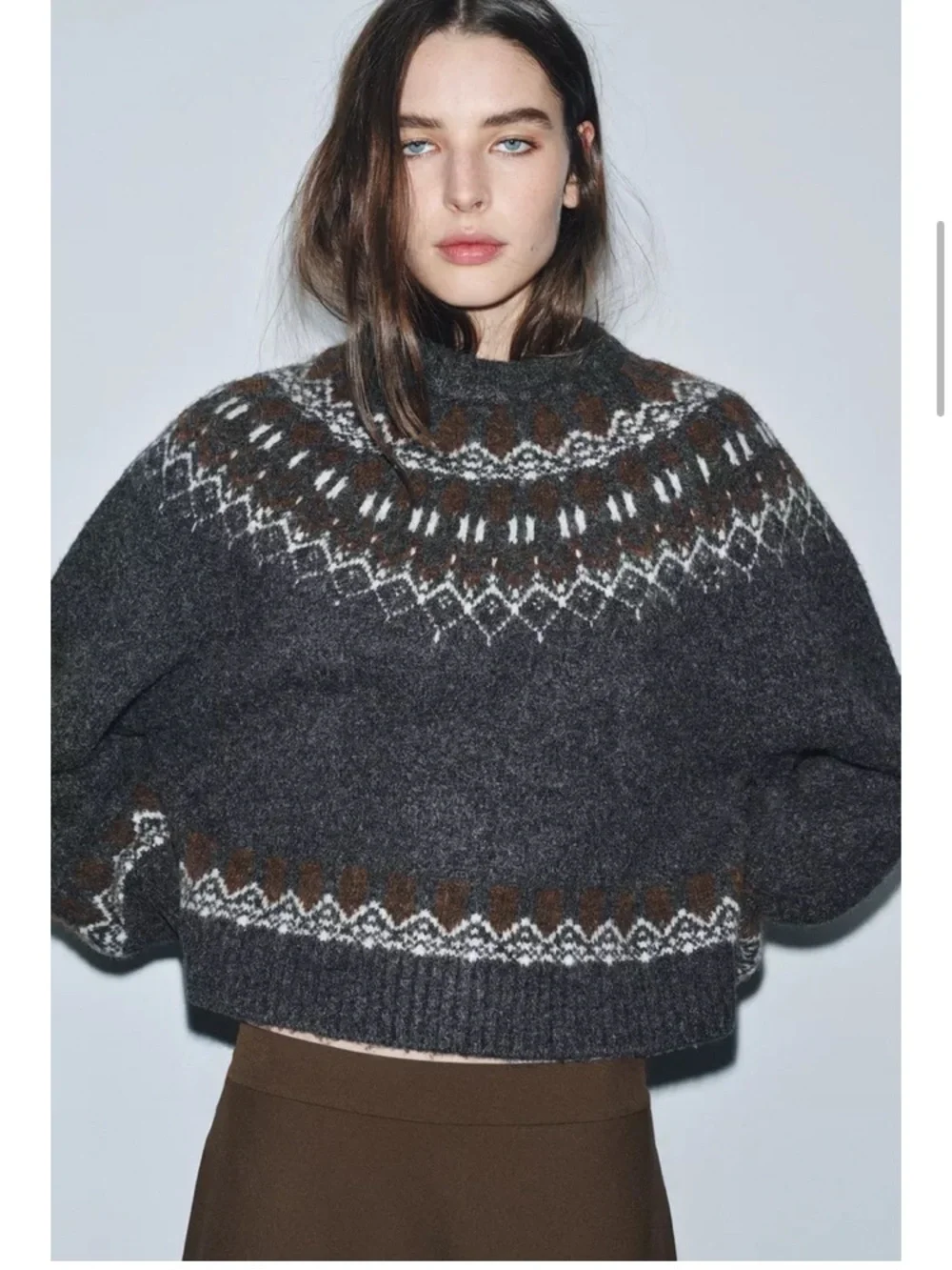 Zara Women's Fair Isle Wool Alpaca Blend Sweater Anthrcite Grey LG Cozycore - Picture 1 of 17